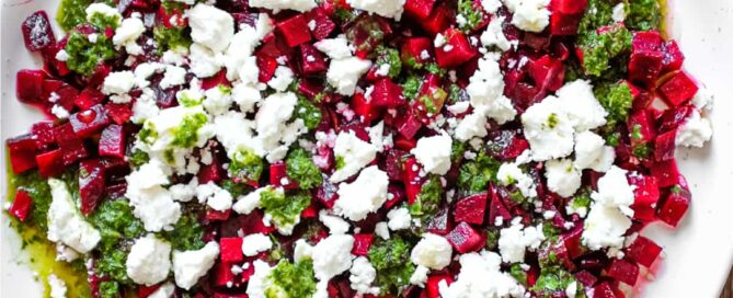A platter of beetroot & feta salad with a herb dressing