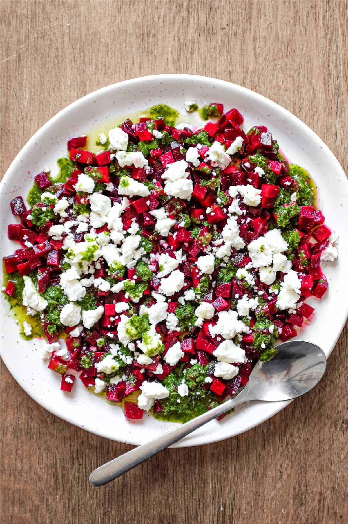 A platter of beetroot & feta salad with a herb dressing