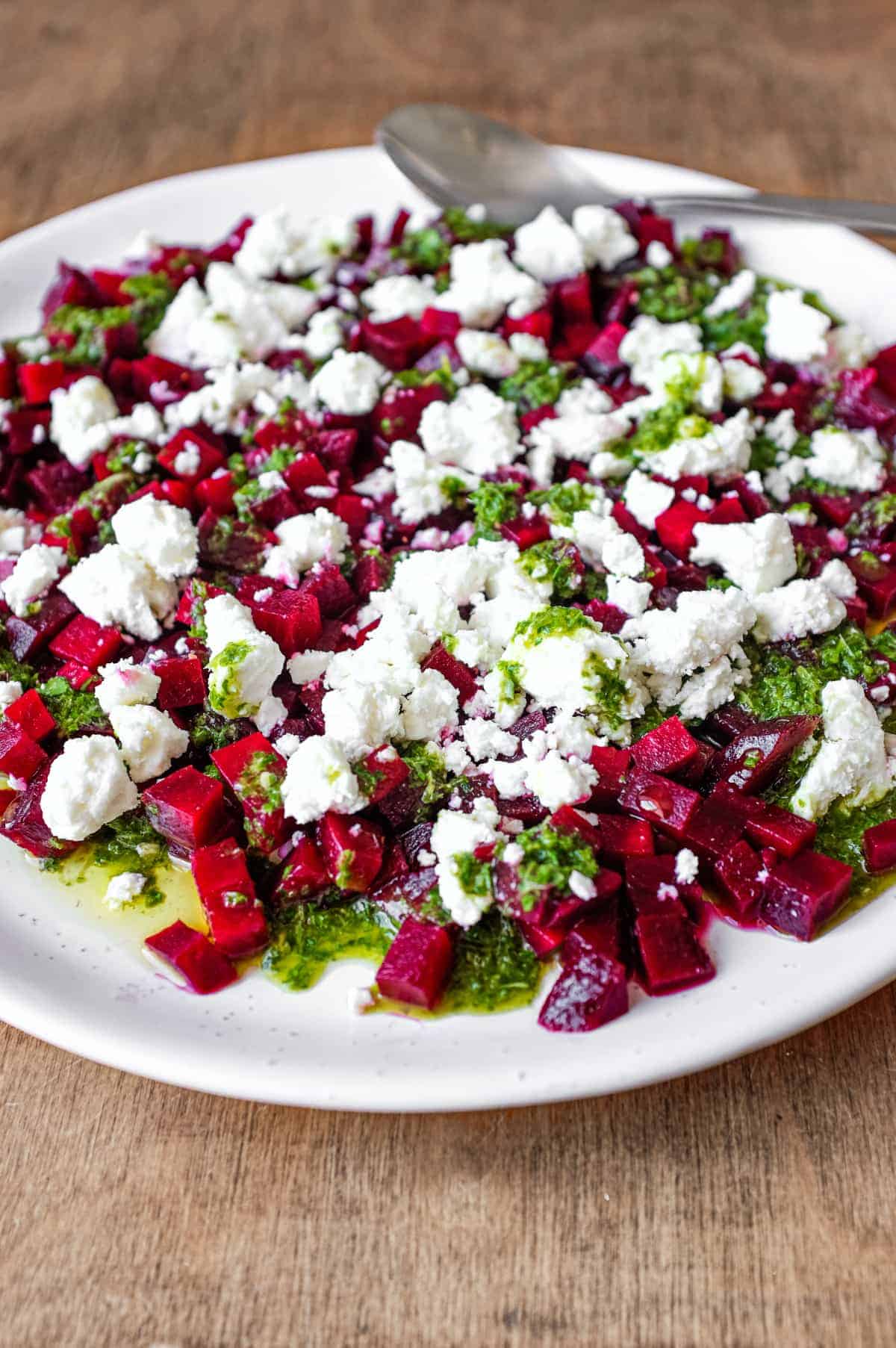 A platter of beetroot & feta salad with a herb dressing