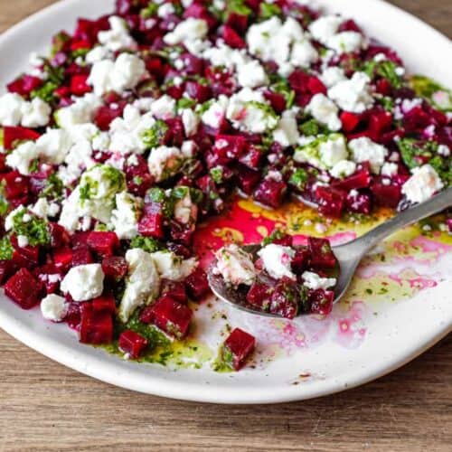 A platter of beetroot & feta salad with a herb dressing