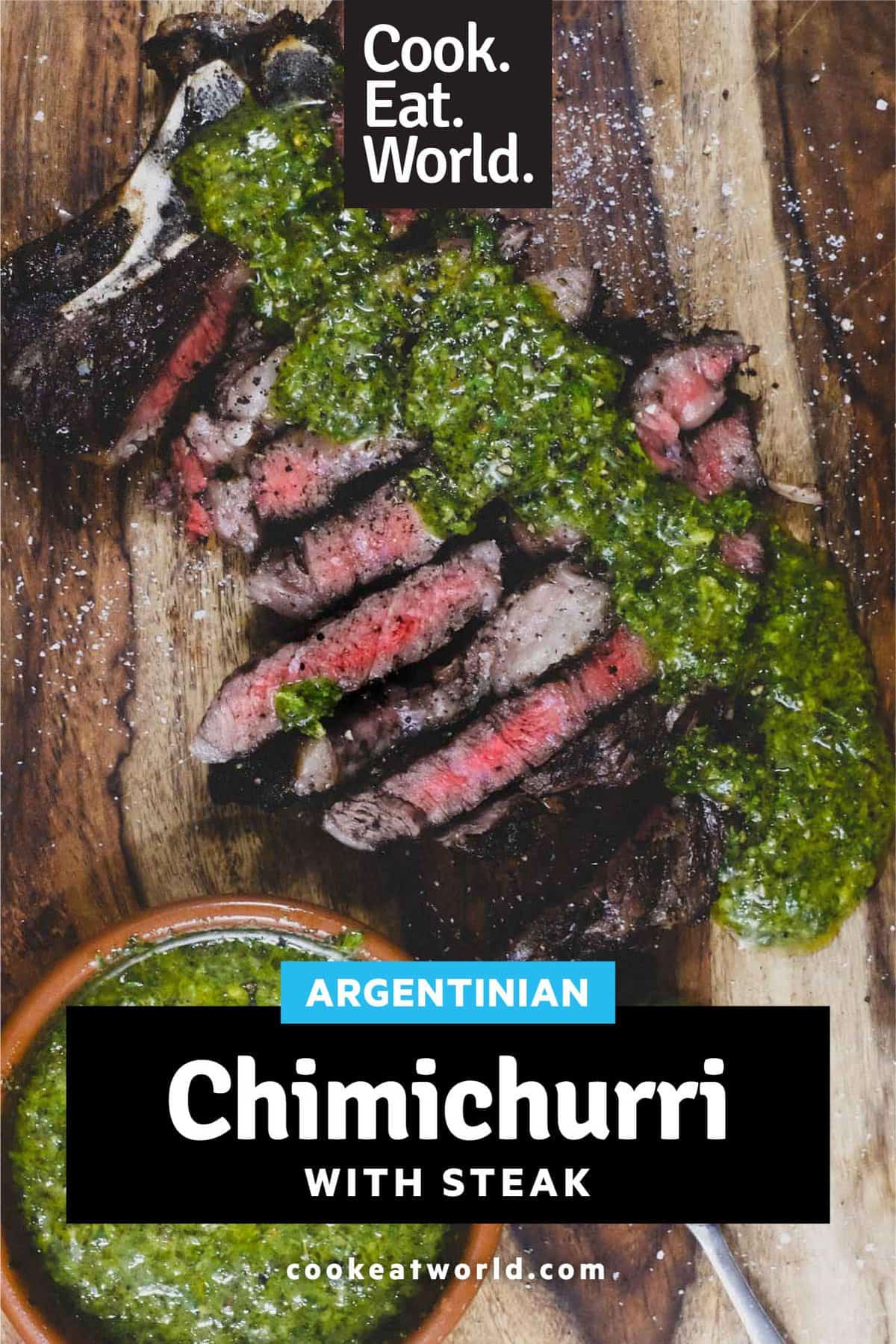 A wooden board with Argentinian Chimichurri Sauce and Steak