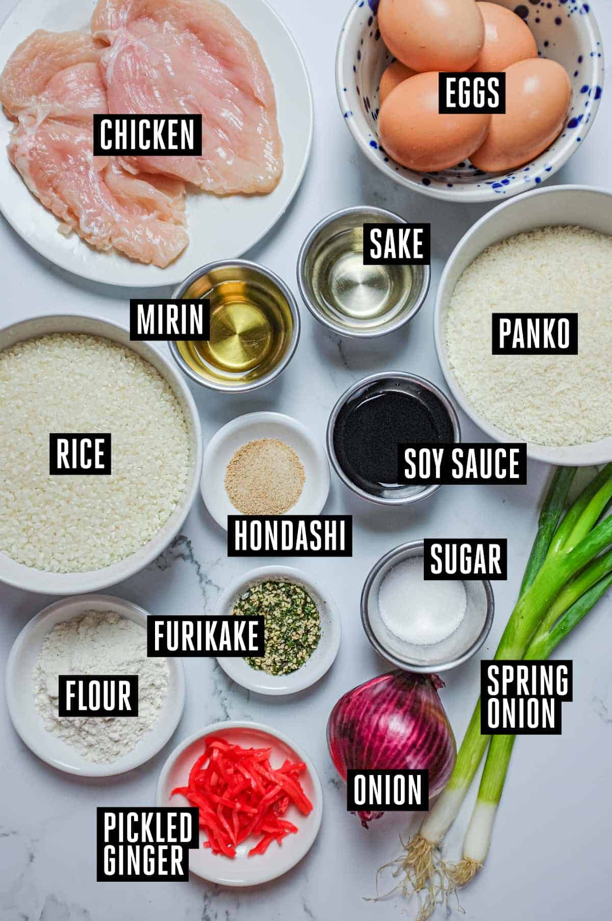 Chicken Katsudon | cookeatworld.com The varied ingredients for Katsudon, labelled.