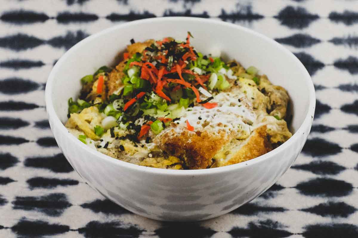 A bowl of chicken katsudon