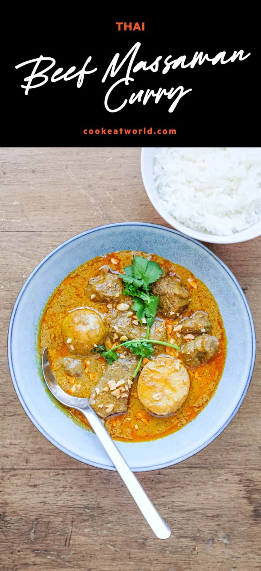 A bowl of Thai Beef Massaman Curry alongside a small bowl of rice.