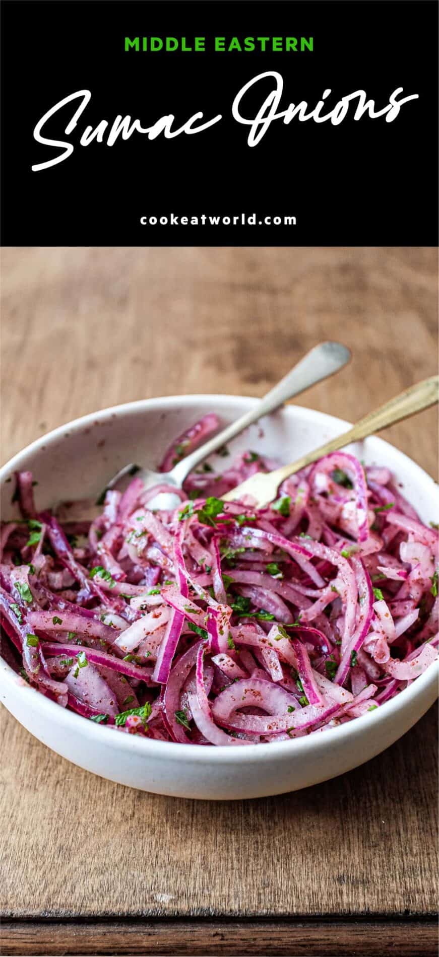 A small bowl of Sumac Onions with a small serving fork and spoon