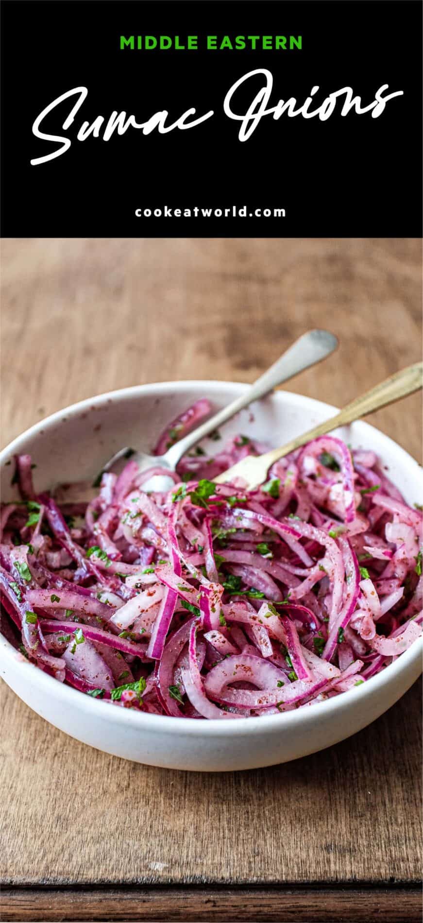 A small bowl of Sumac Onions with a small serving fork and spoon