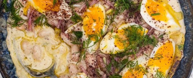 A Turkish bean salad with eggs, onion and dill - Fasulye Piyaz