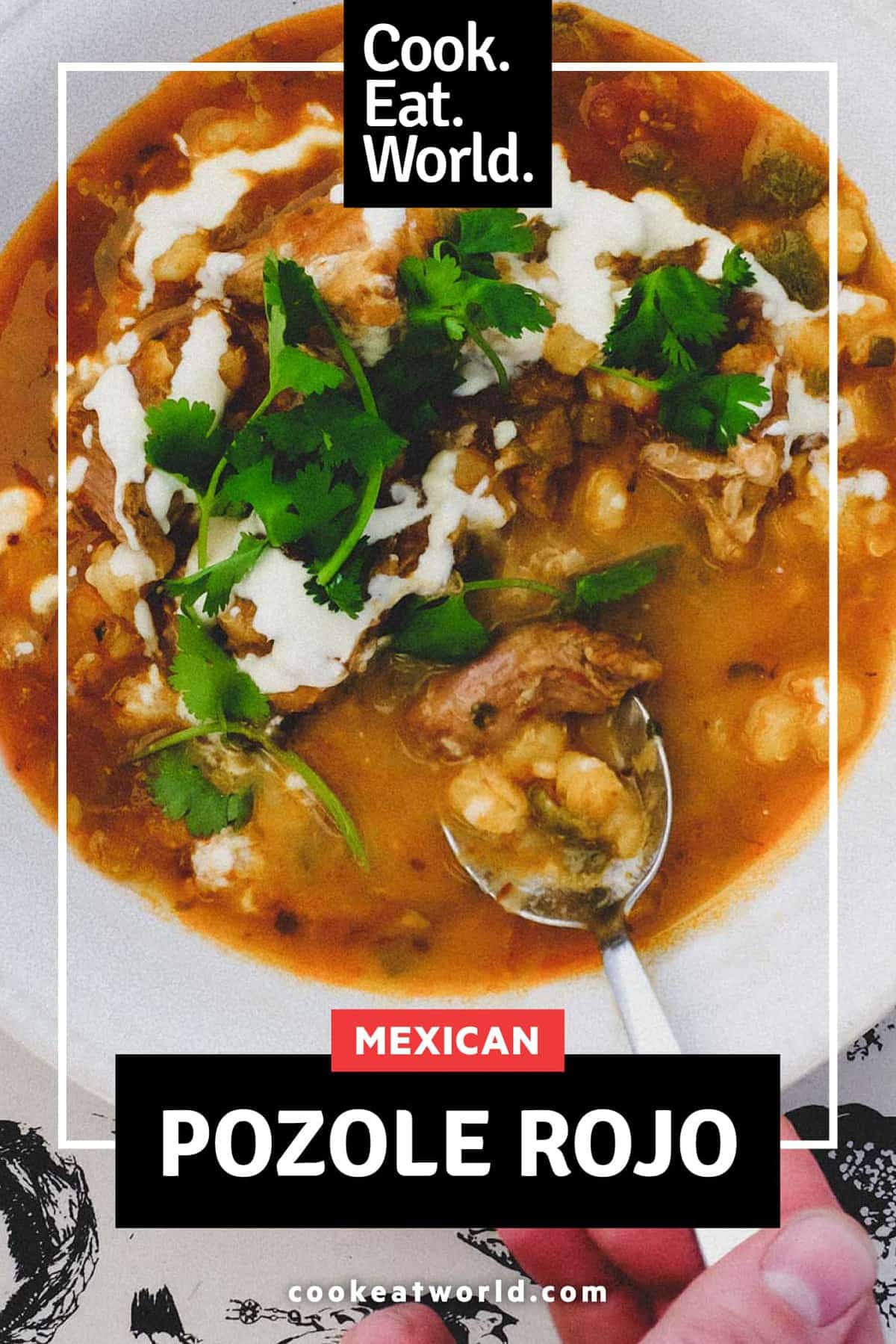 A bowl of Mexican Pozole Rojo on a background featuring sketches of Frida Kahlo