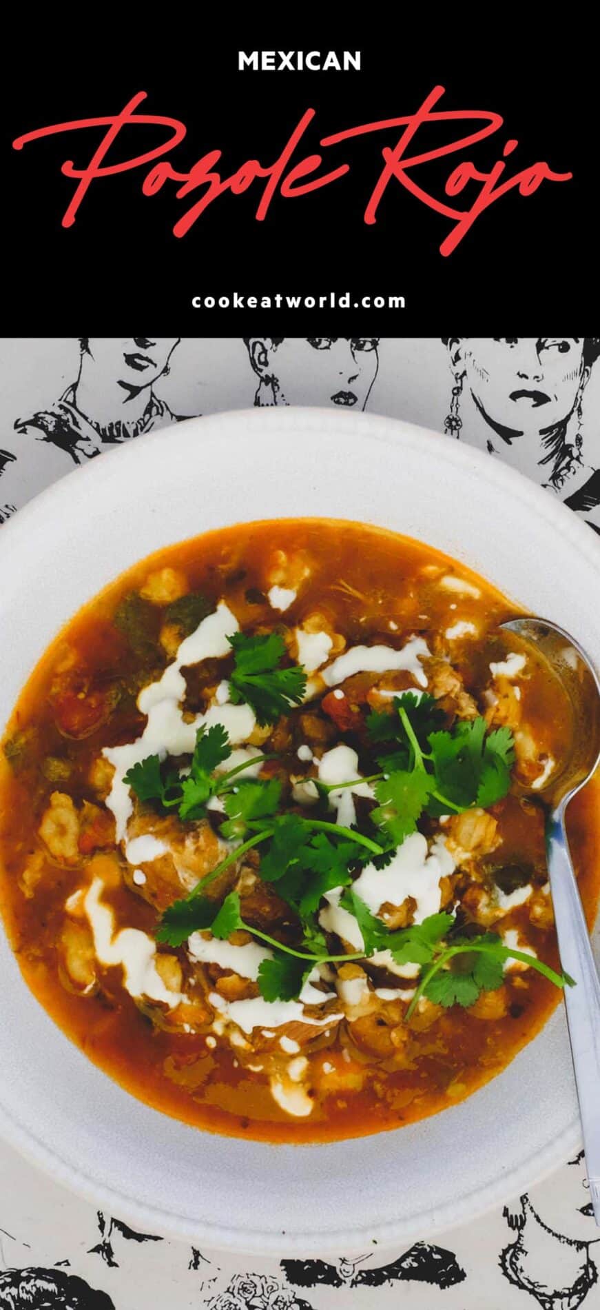 A bowl of Mexican Pozole Rojo on a background featuring sketches of Frida Kahlo