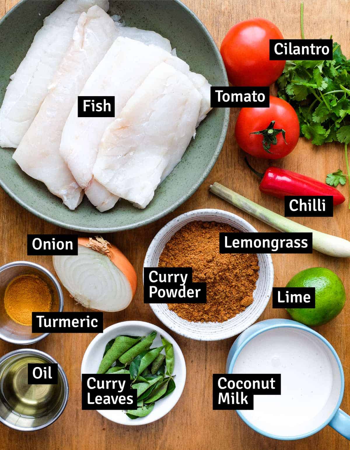 The ingredients for Sri Lankan Fish Curry, Thora Malu. Including fish, curry powder, tomatoes, cilantro, coconut milk, turmeric, curry leaves and lime.