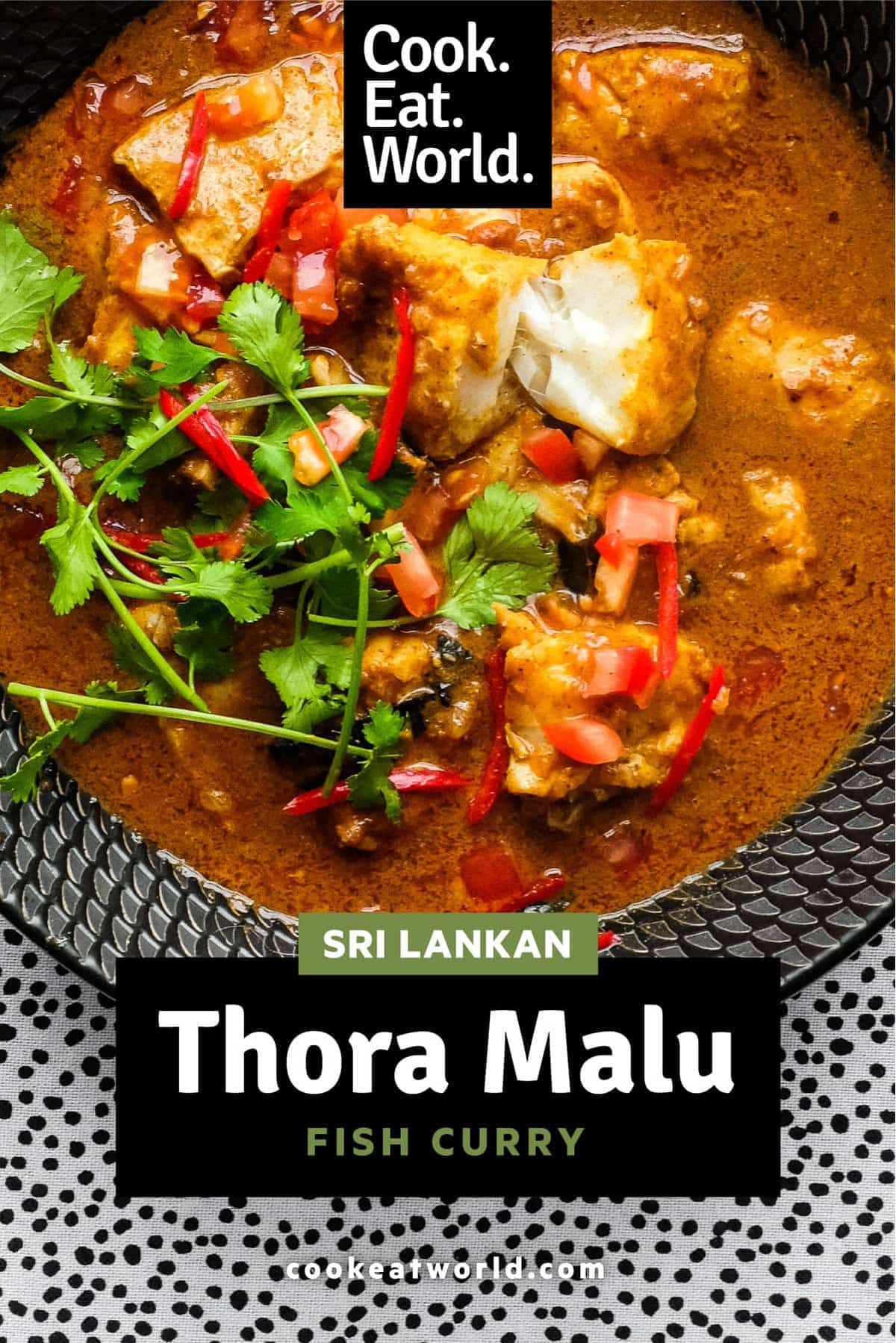 A bowl of Sri Lankan Fish Curry in a black bowl with a spoon, garnished with cilantro and red chilli.