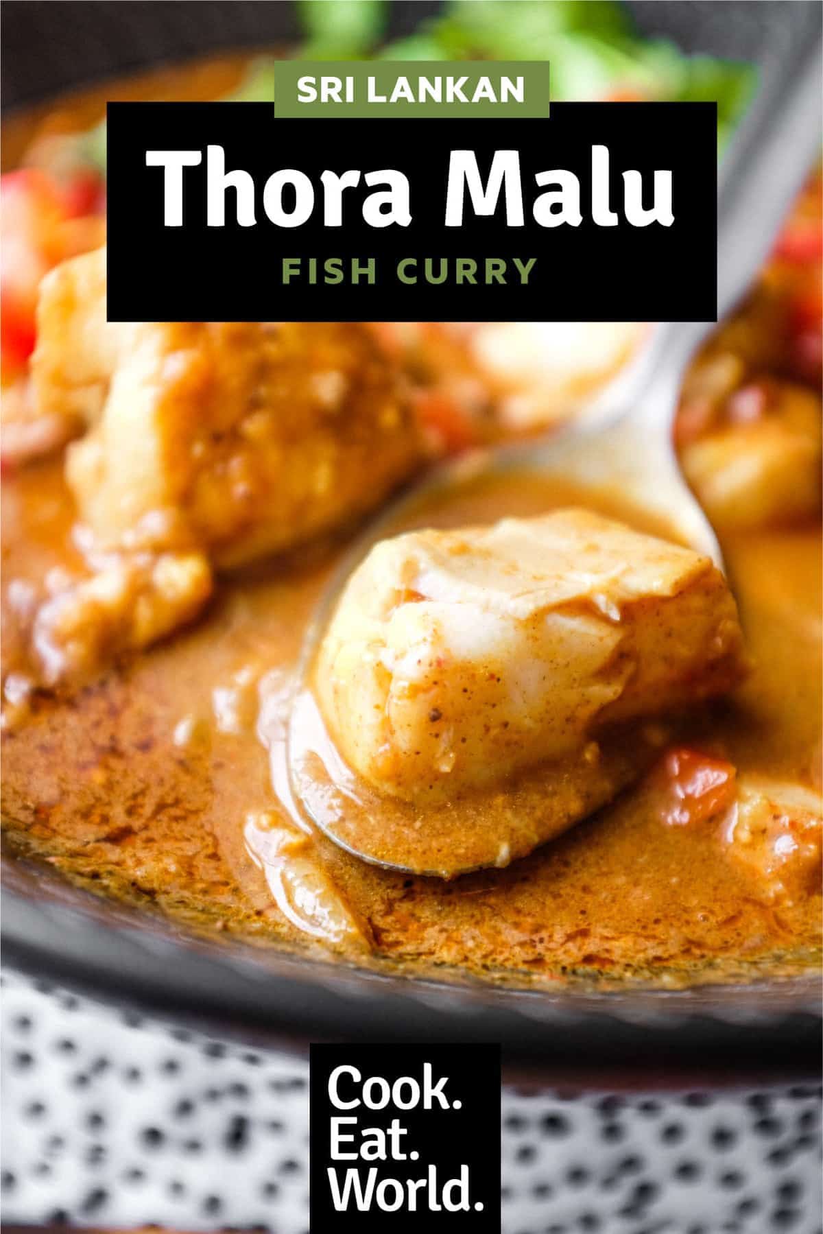 A bowl of Sri Lankan Fish Curry in a black bowl with a spoon, garnished with cilantro and red chilli.