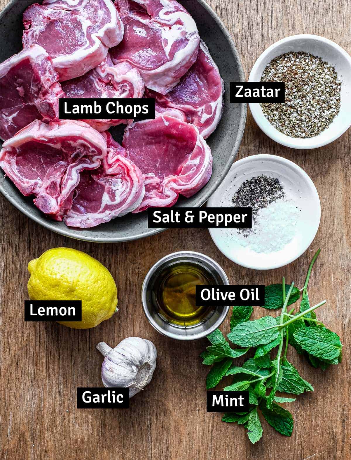 The ingredients for Zaatar Lamb: lamb, zaatar, salt & pepper, lemon, olive oil, garlic and fresh mint.