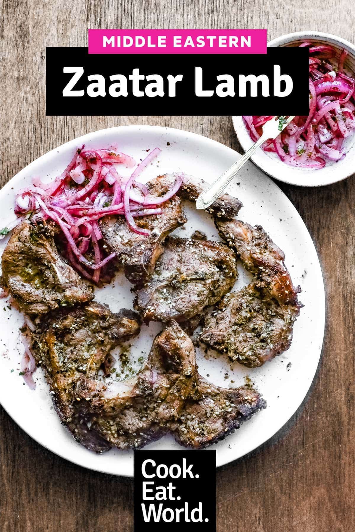 A platter of Zaatar Lamb chops with a side serving of Sumac Onion Salad