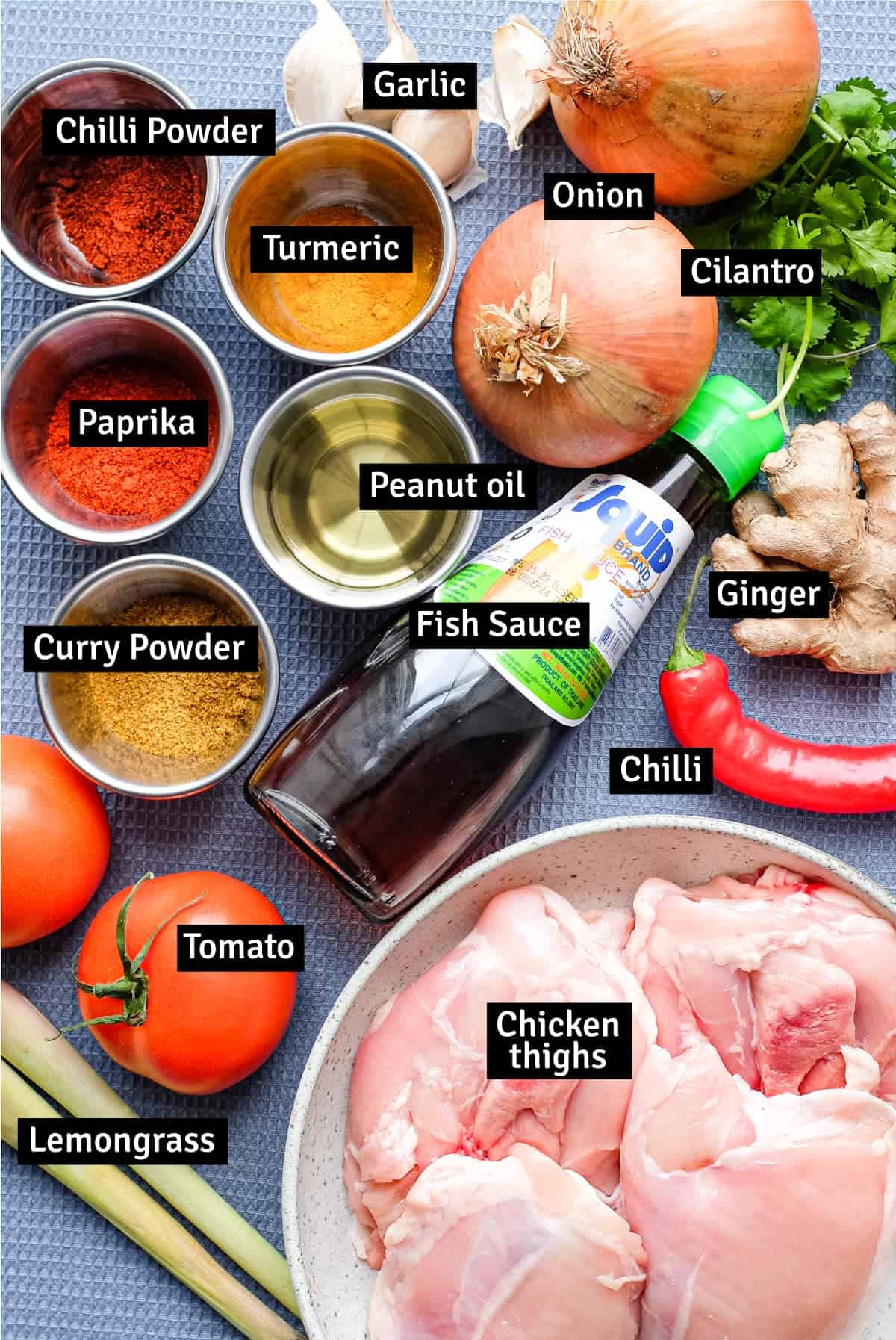 The Ingredients for Burmese Chicken Curry, including chicken thighs, fish sauce, lemongrass, ginger, spices and more.