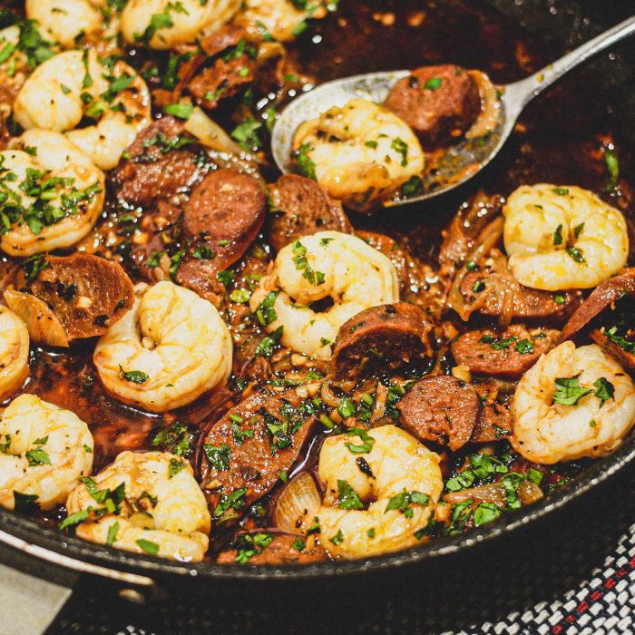 A platter of chorizo and prawns cooked in Fino Sherry.