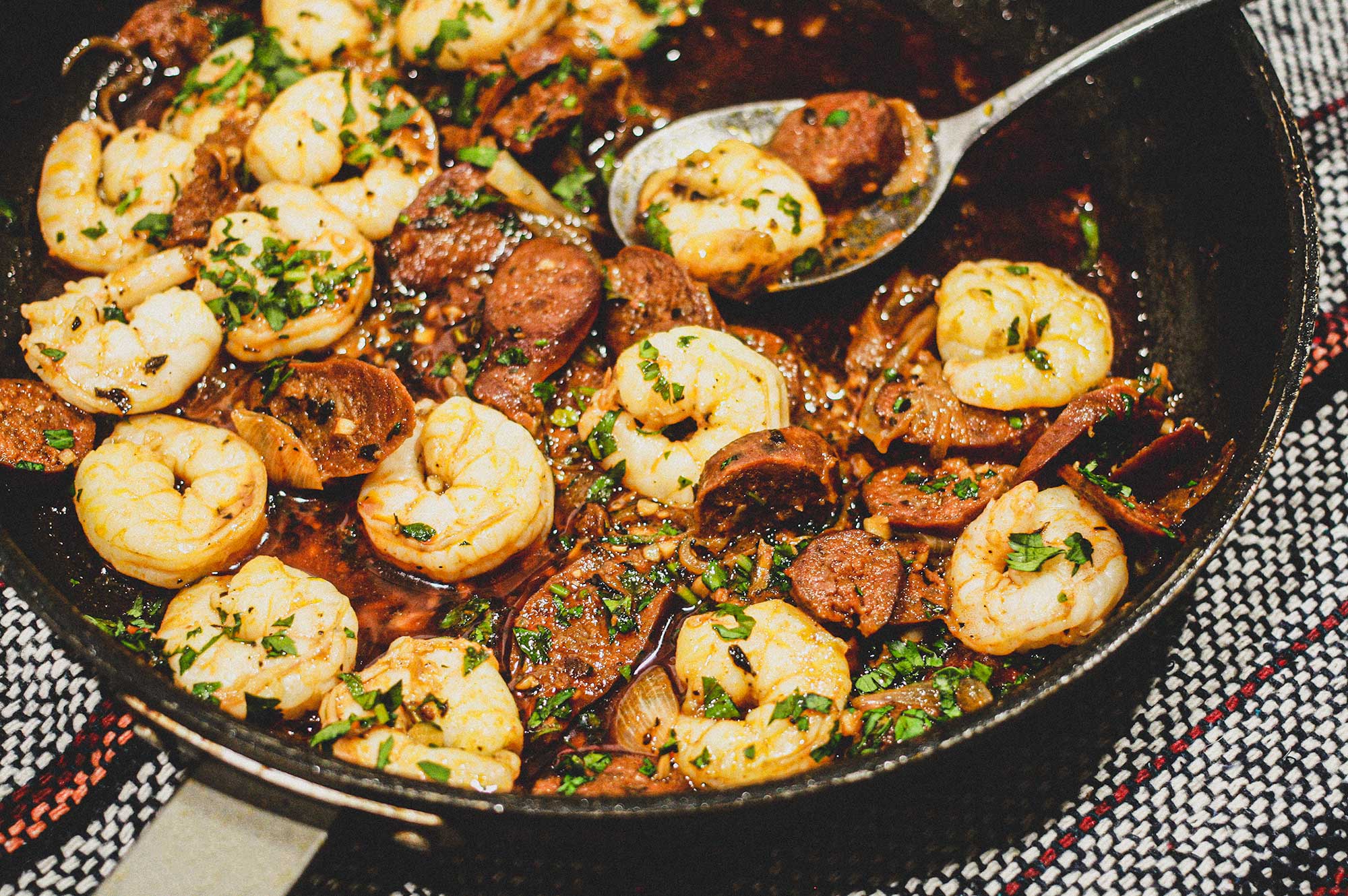 A platter of chorizo and prawns cooked in Fino Sherry.