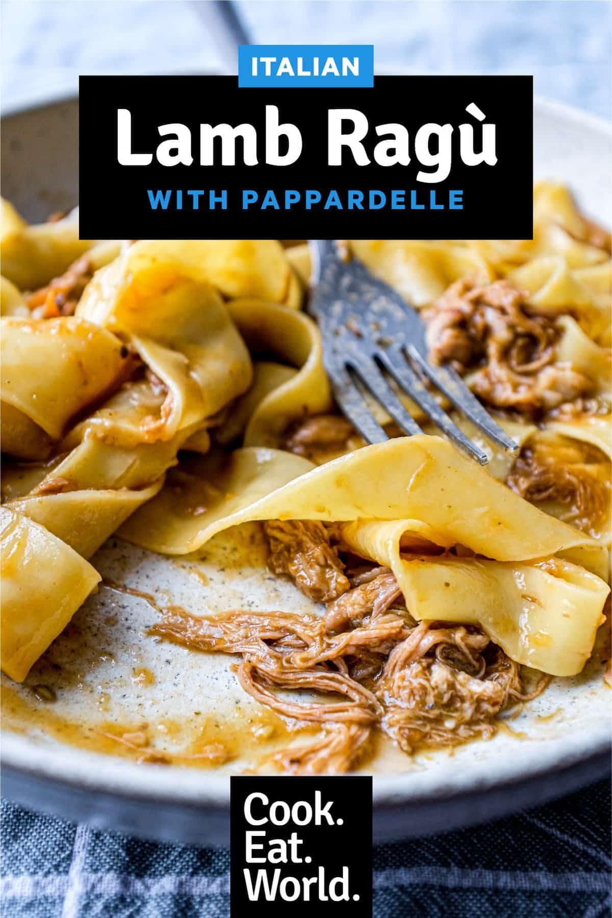 A bowl of pappardelle pasta with a lamb ragu sauce with a fork