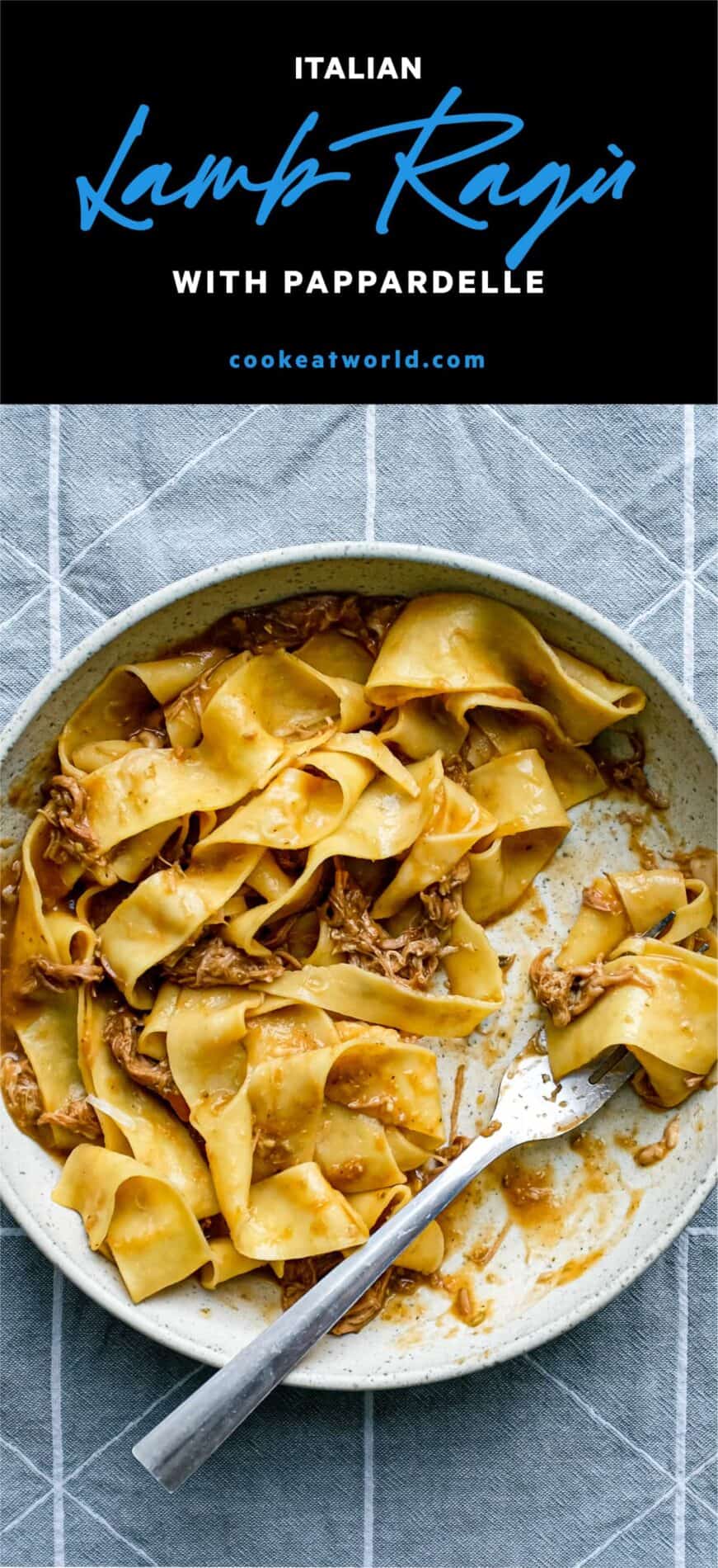 A bowl of pappardelle pasta with a lamb ragu sauce with a fork