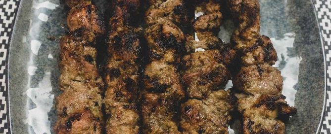 Middle Eastern Lamb Kebabs (Kabobs) stewers on a platter