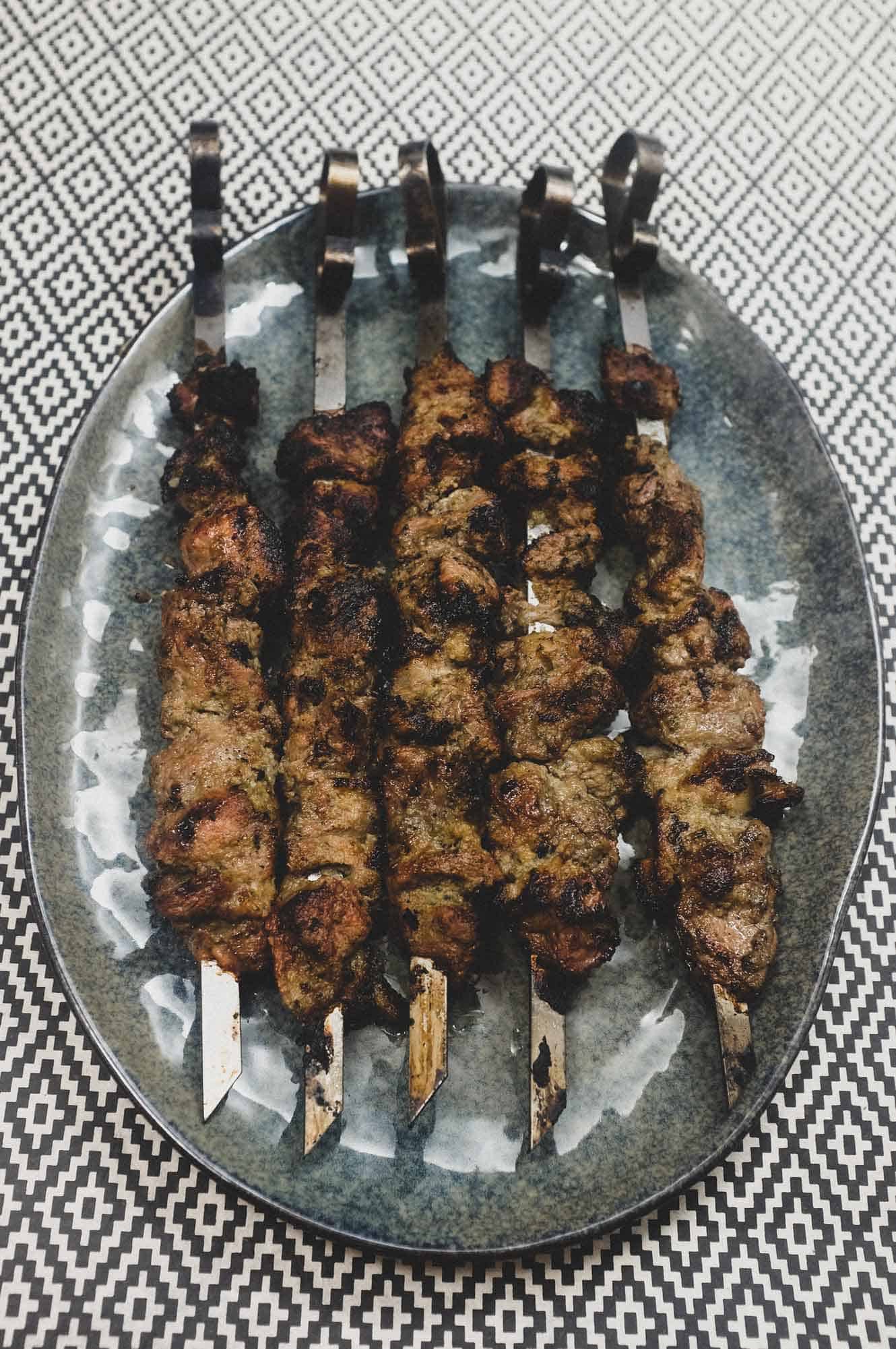 Middle Eastern Lamb Kebabs (Kabobs) stewers on a platter