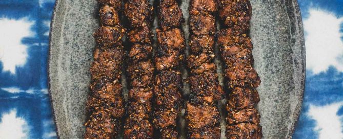 Chinese Xinjiang Lamb Skewers on a platter