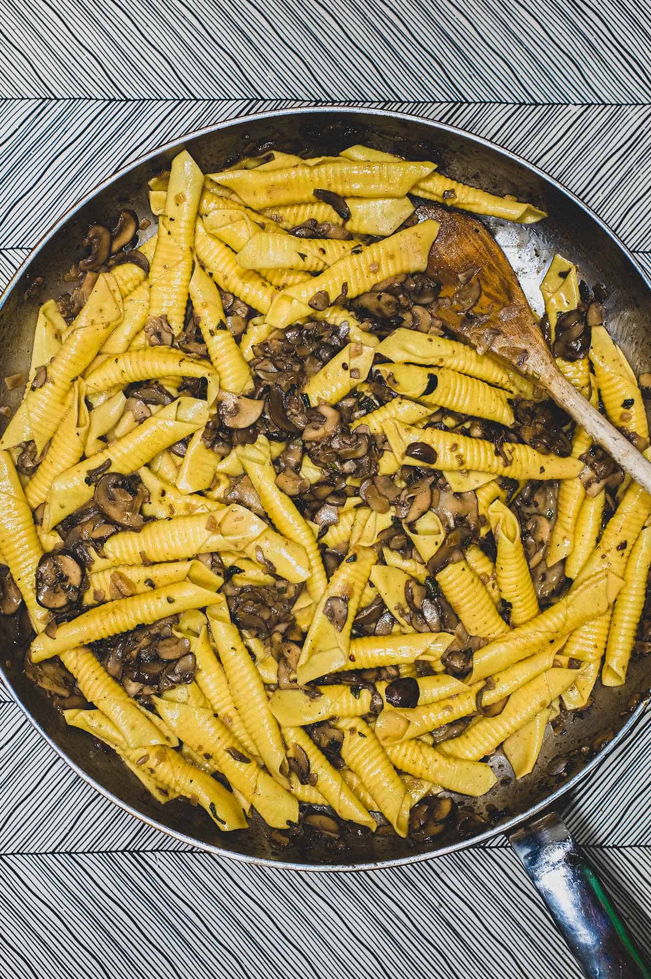 Garganelli Pasta with Mushroom Ragu in a large pan