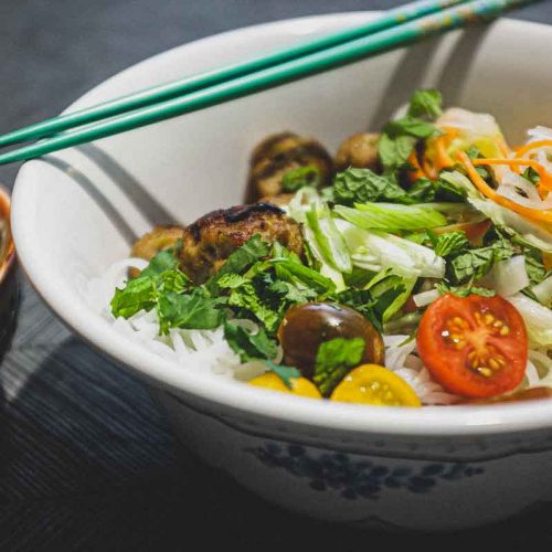 A bowl of Vietnamese Bun Cha Vermicelli Salad