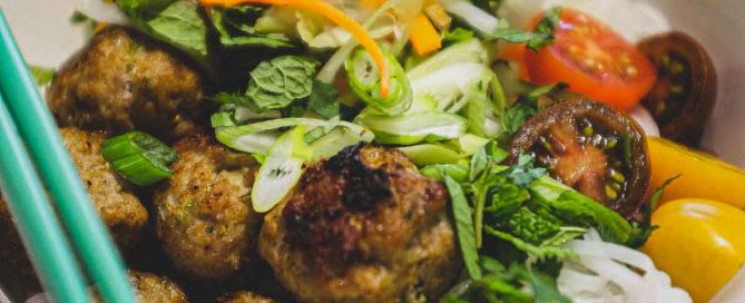 A bowl of Vietnamese Bun Cha Vermicelli Salad