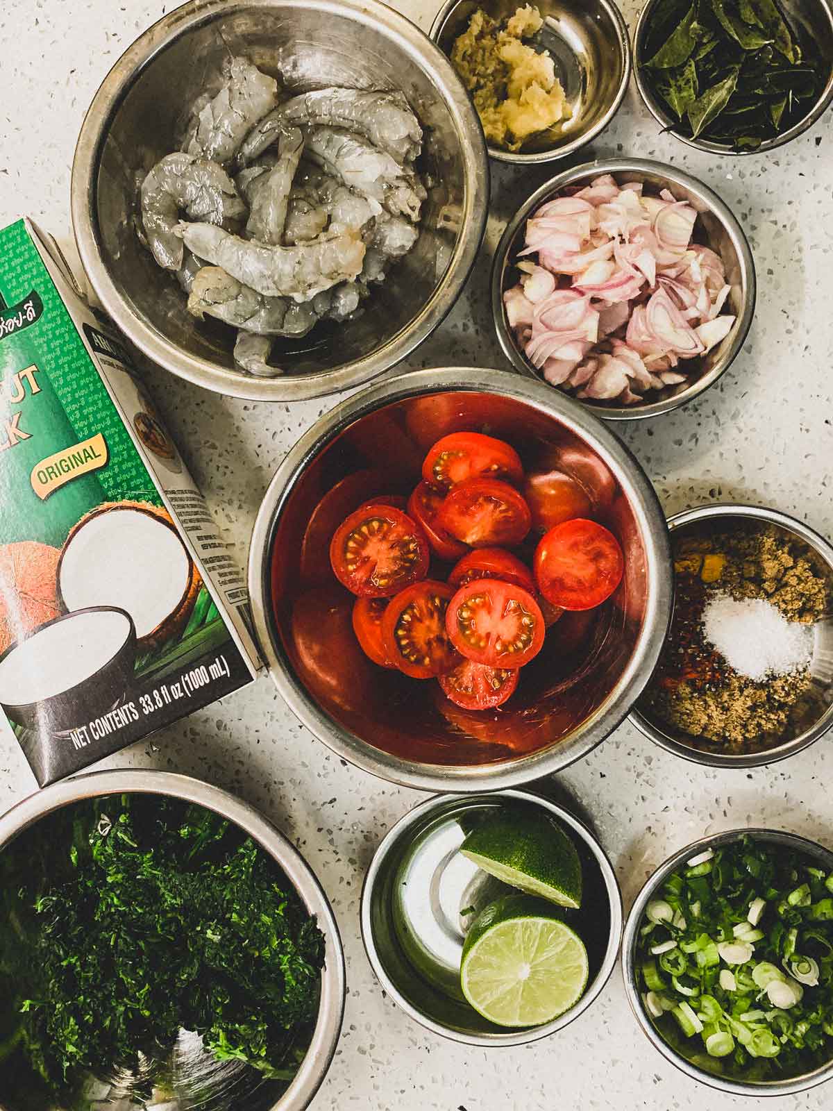 The ingredients for Jheenga Palak - Shrimp & Spinach Curry