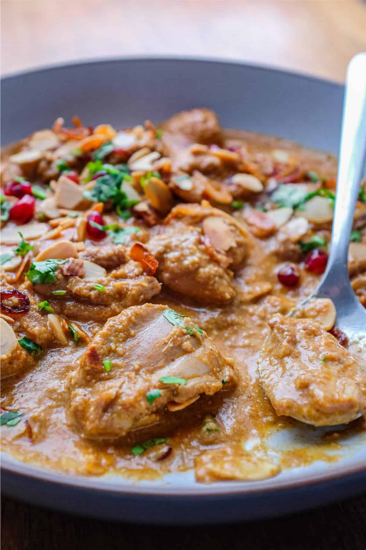 A bowl of Mughlai Chicken Curry garnished with Almonds, cilantro and pomegranate seeds with a spoon on the side.