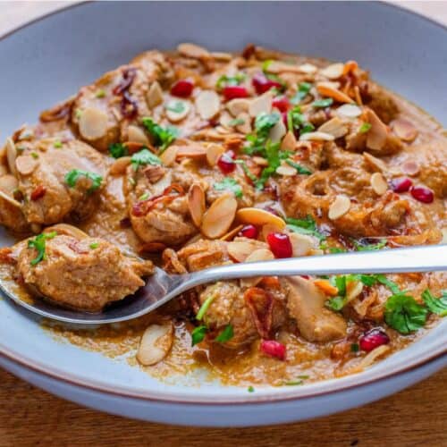 A bowl of Mughlai Chicken Curry garnished with Almonds, cilantro and pomegranate seeds with a spoon on the side.