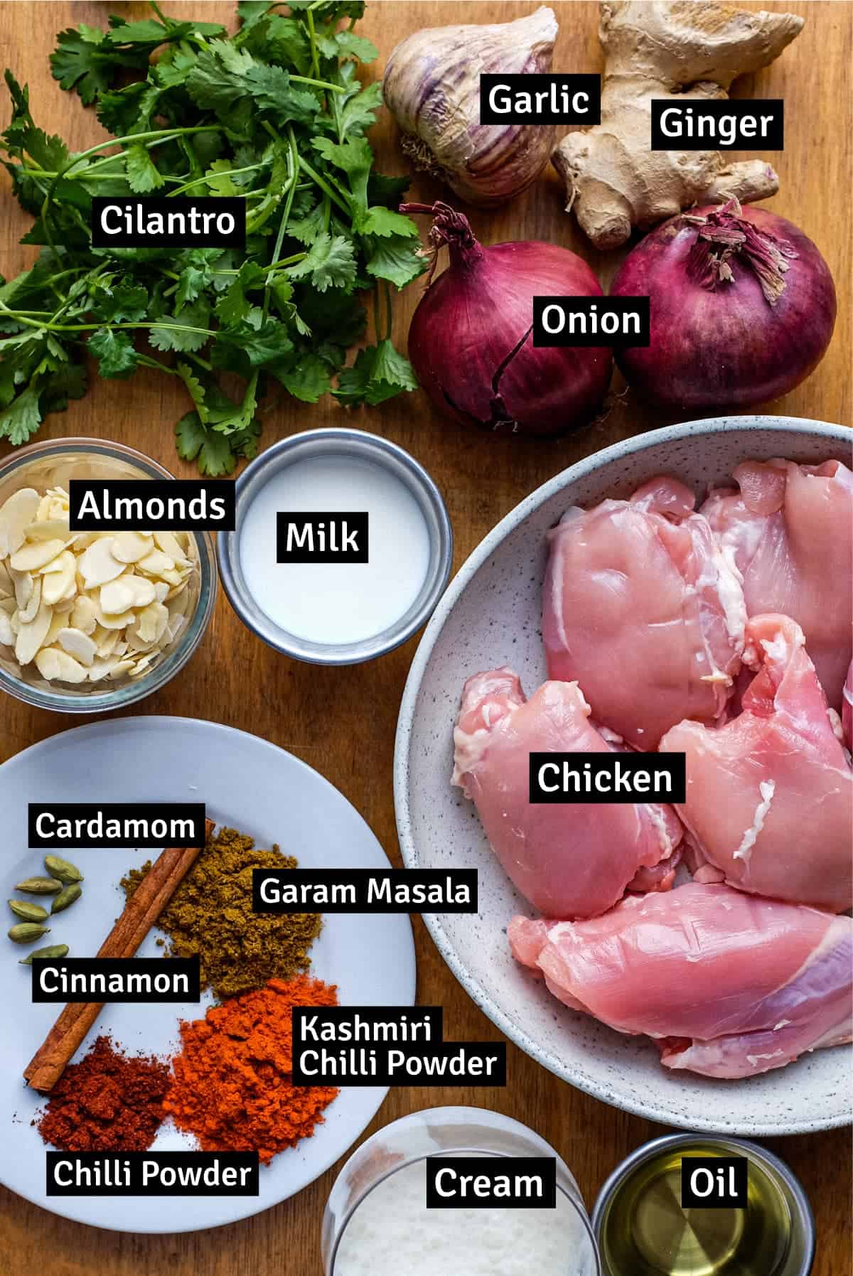 The ingredients for a Mughlai chicken curry.