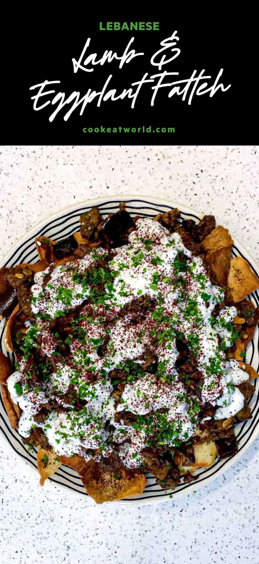 a platter of Lamb & Eggplant Fatteh garnished with fresh parsley and sumac