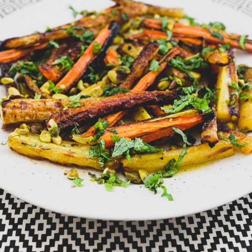 A platter of roasted carrots for a Moroccan carrot salad