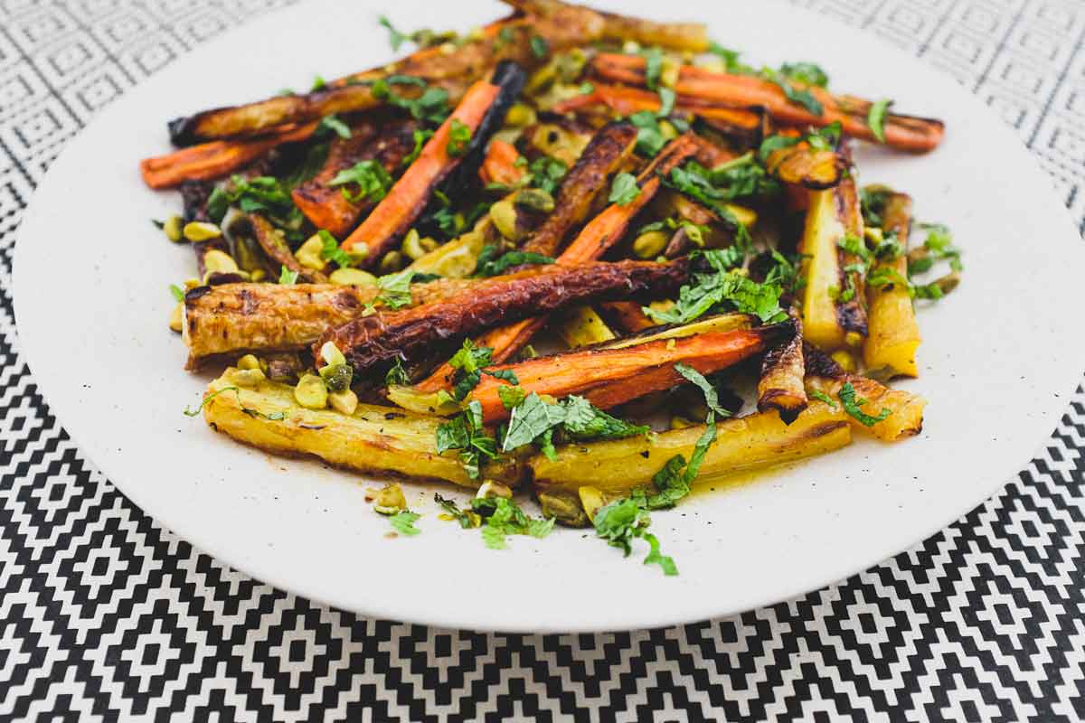 A platter of roasted carrots for a Moroccan carrot salad