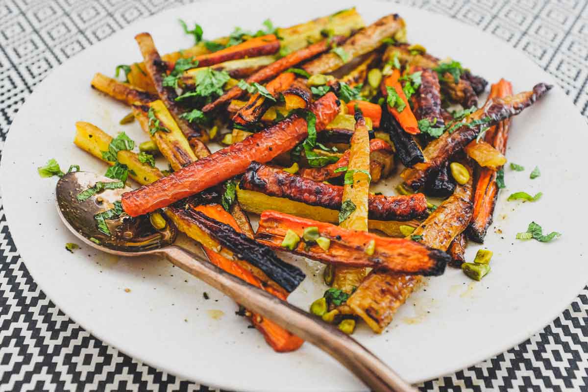 A platter of roasted carrots for a Moroccan carrot salad