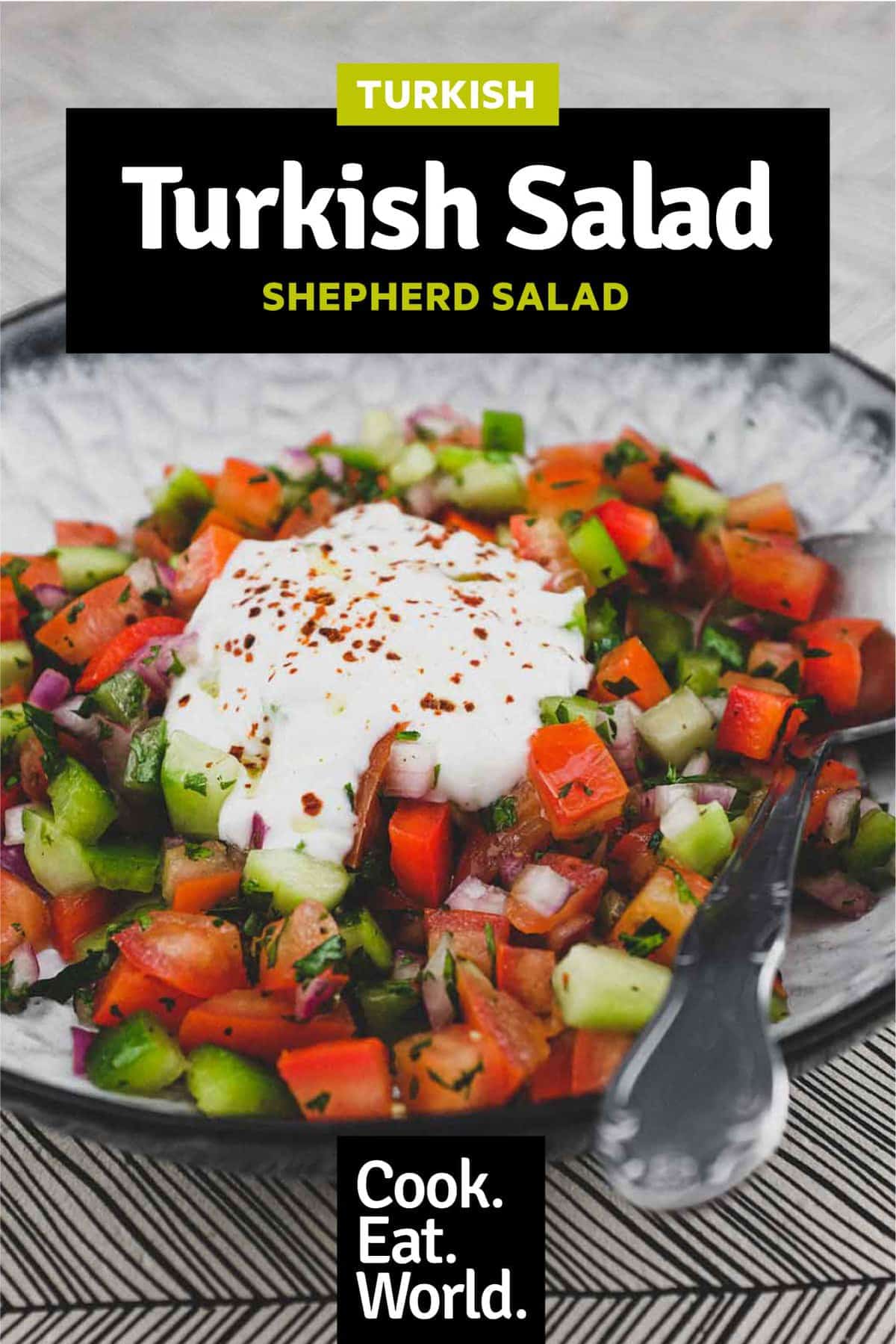 A bowl of turkish salad with a yoghurt dressing
