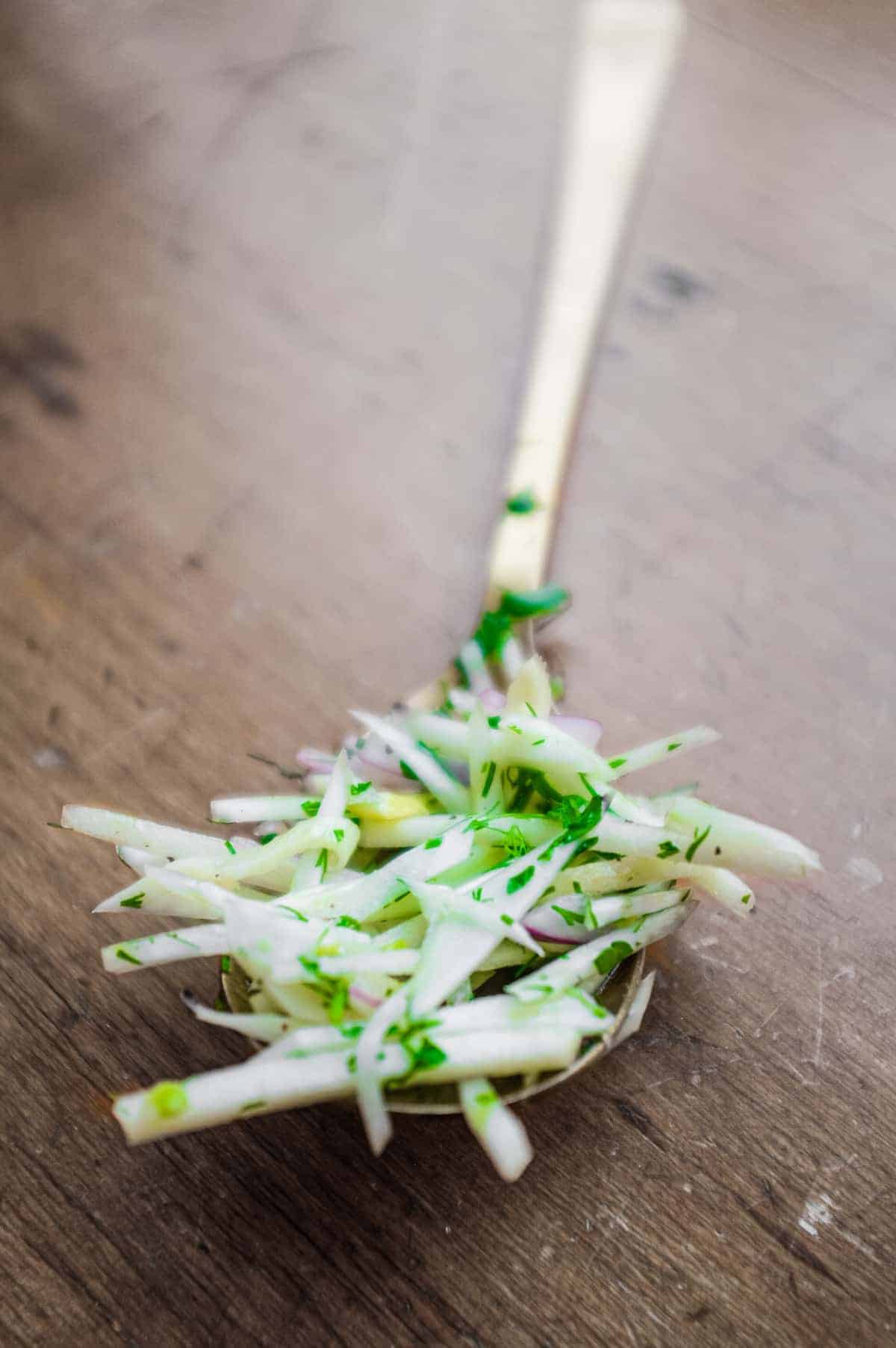 A spoon of Italian fennel and apple salad