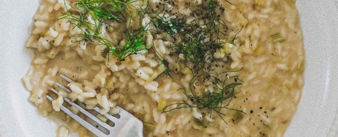 Fennel Risotto in a small bowl with a fork