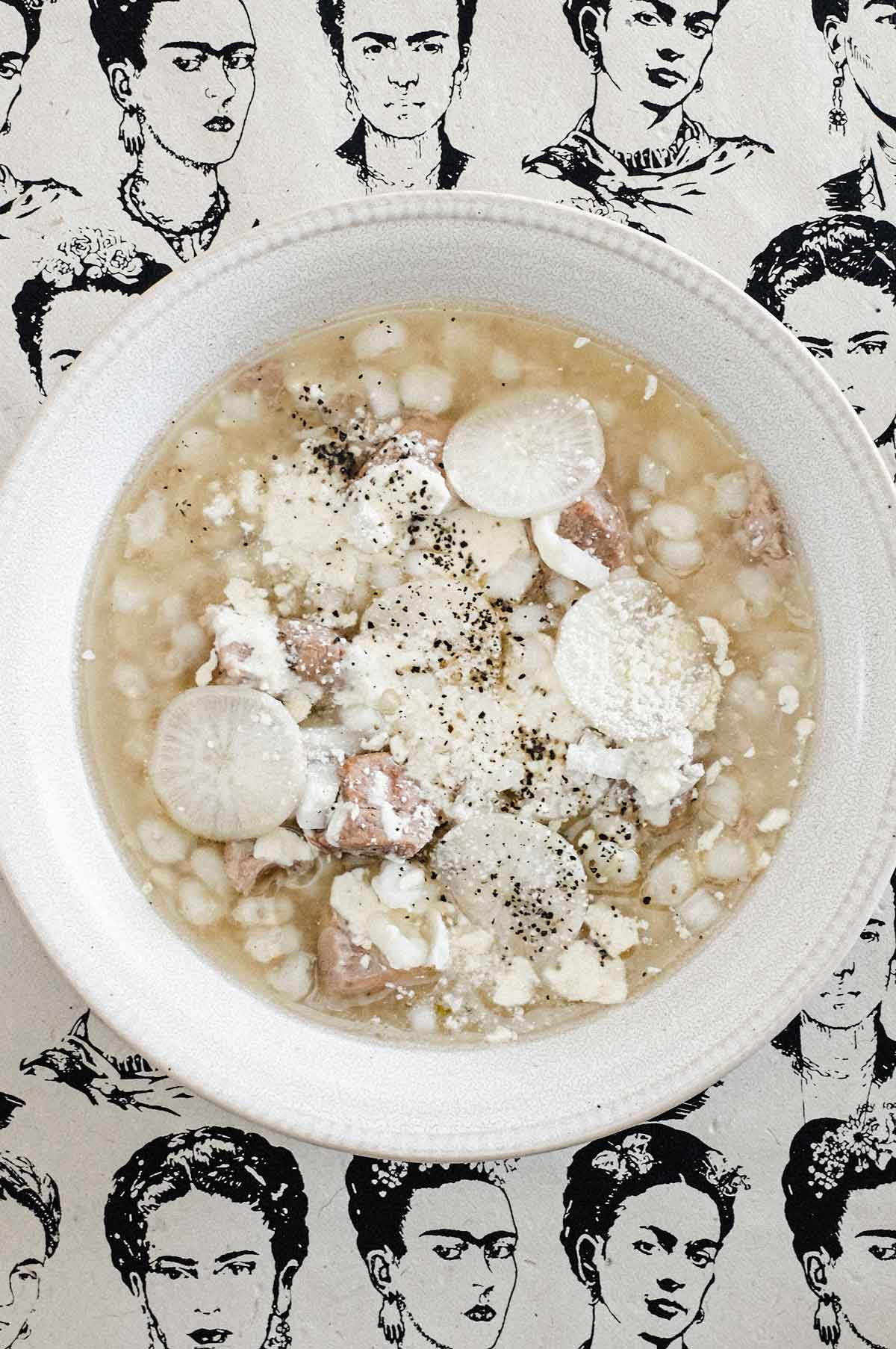 a bowl of Mexican Pozole Blanco soup