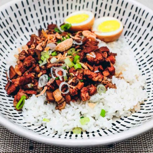 A bowl of Taiwanese braised pork (Lu Rou Fan) on a bed of rice with two egg halves, crispy onion and spring onions as a garnish.