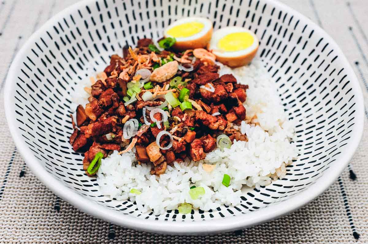 A bowl of Taiwanese braised pork (Lu Rou Fan) on a bed of rice with two egg halves, crispy onion and spring onions as a garnish.