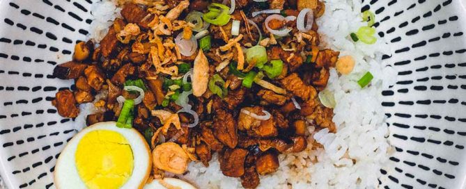 A bowl of Taiwanese braised pork (Lu Rou Fan) on a bed of rice with two egg halves, crispy onion and spring onions as a garnish.