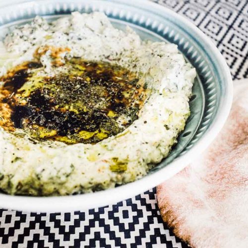 Zucchini cooked and mixed with yoghurt, tahini and middle eastern spices.
