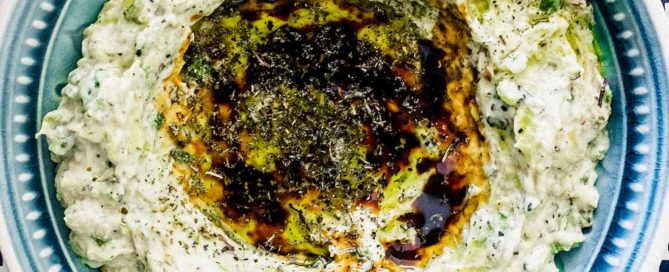 Zucchini cooked and mixed with yoghurt, tahini and middle eastern spices.