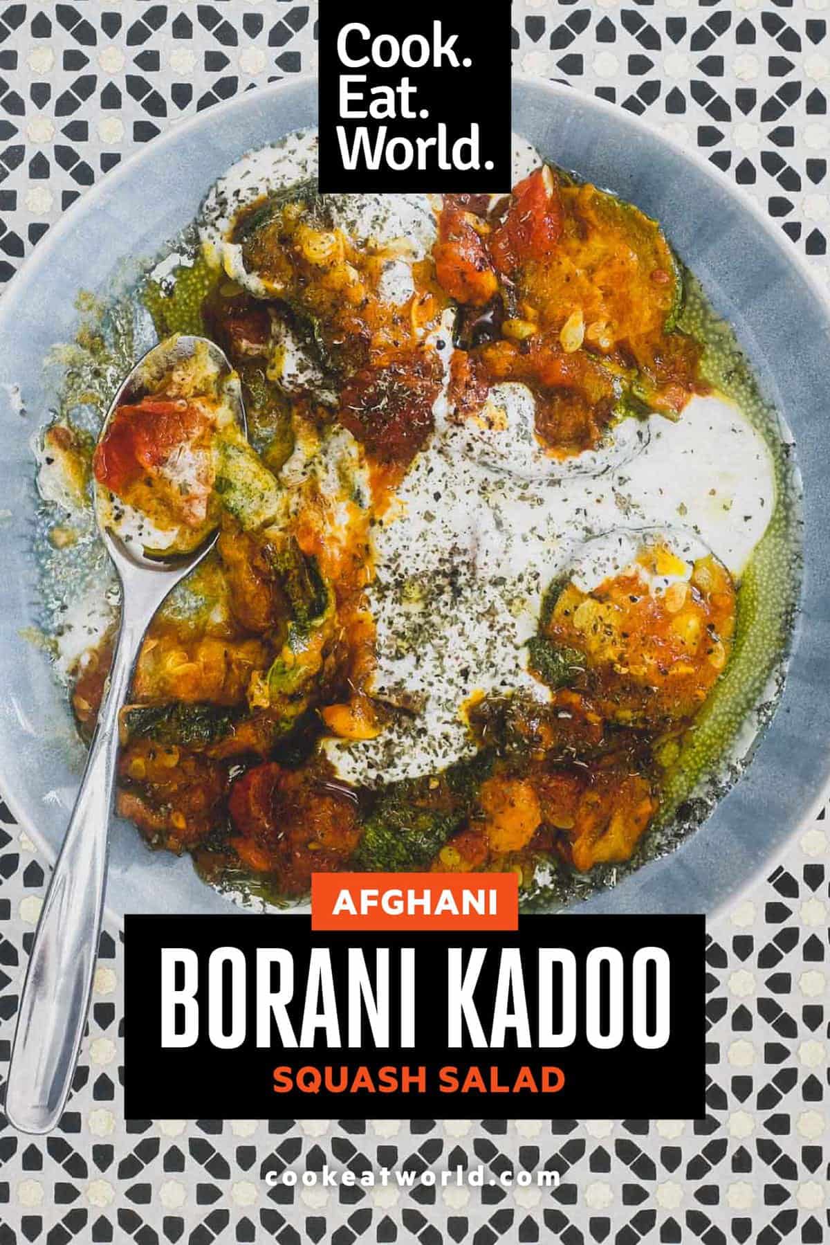 A small platter of Afghani Borani Kadoo squash salad with a spoon