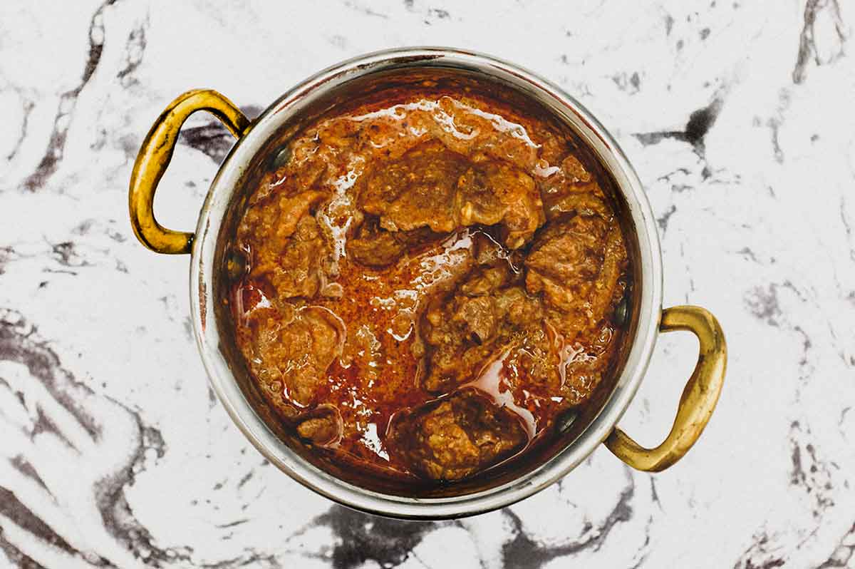 Lamb cooked with red chilli and onion to create a rich, creamy sauce for Rajasthani Laal Maas