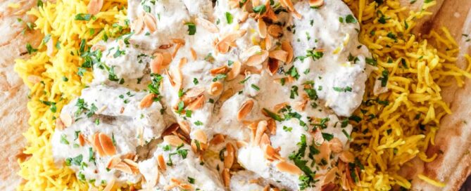 Traditional Middle Eastern mansaf served with lamb and fragrant rice