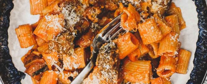 A bowl of Pasta Alla Norma with Rigatoni Pasta